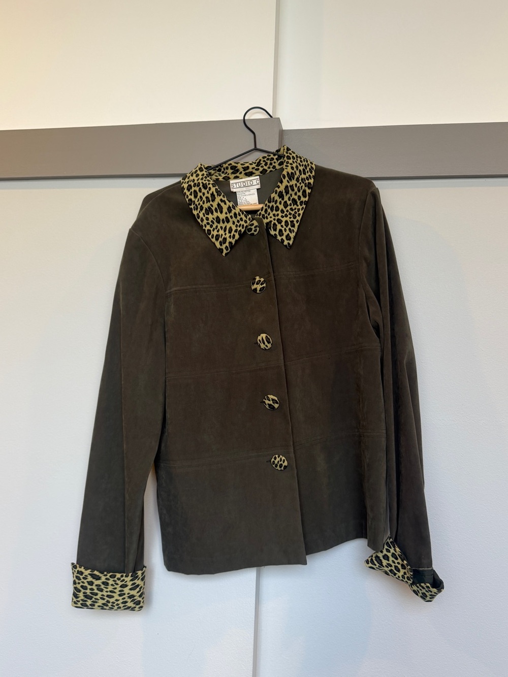 Studio C Faux Suede Jacket Leopard Print Trim Size 12 Vintage